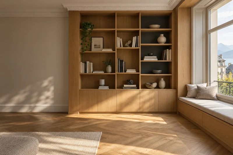 Bibliothèque intégrée en chêne avec rangements fermés et banquette sous une fenêtre