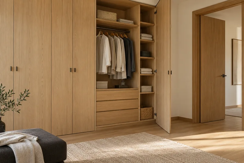 Dressing en chêne avec penderie, tiroirs intégrés et porte intérieure assortie
