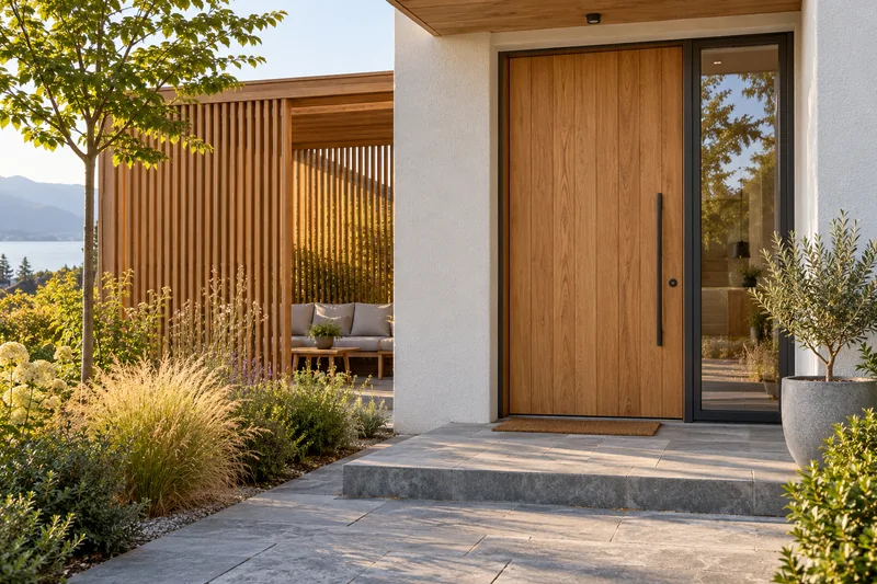 Porte extérieure en bois et claustra intégrés à une façade claire