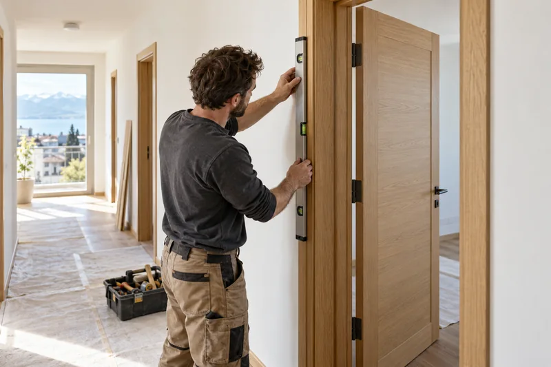 Menuisier vérifiant au niveau l’alignement d’un cadre de porte intérieure